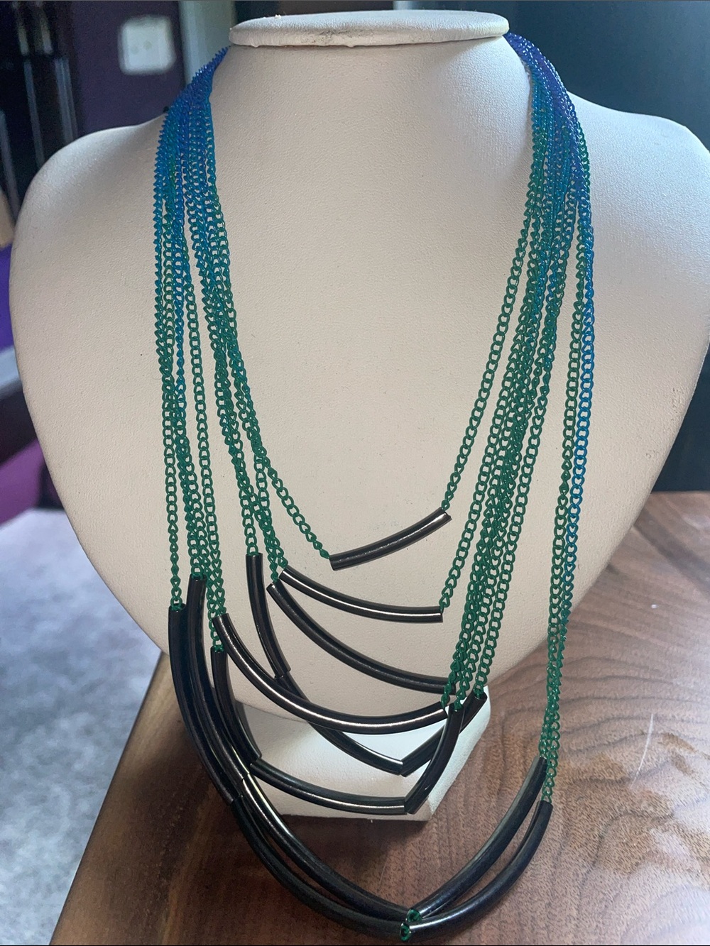 Material Girl Blue and Green Ombre Multi-Strand Necklace with Black Accents